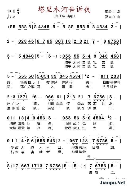 歌曲塔里木河告诉我的简谱歌谱下载